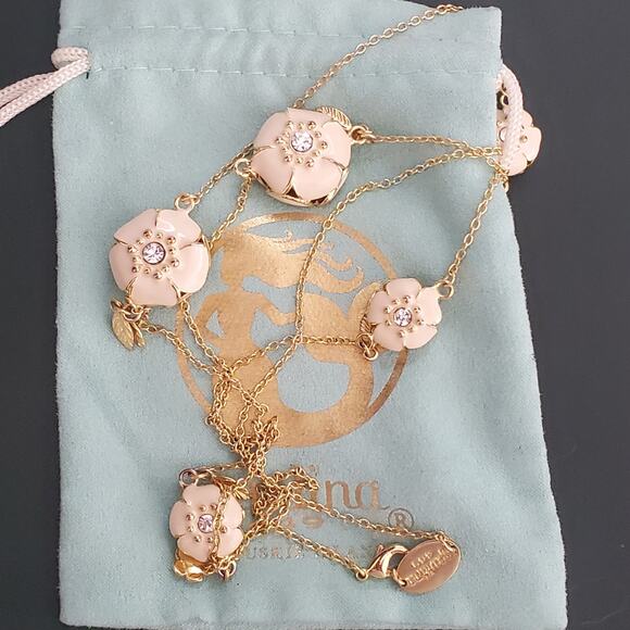 Spartina 449 Flower Long Necklace Cream Enamel Gold Plate 3 Dimensional Pouch - Picture 4 of 9